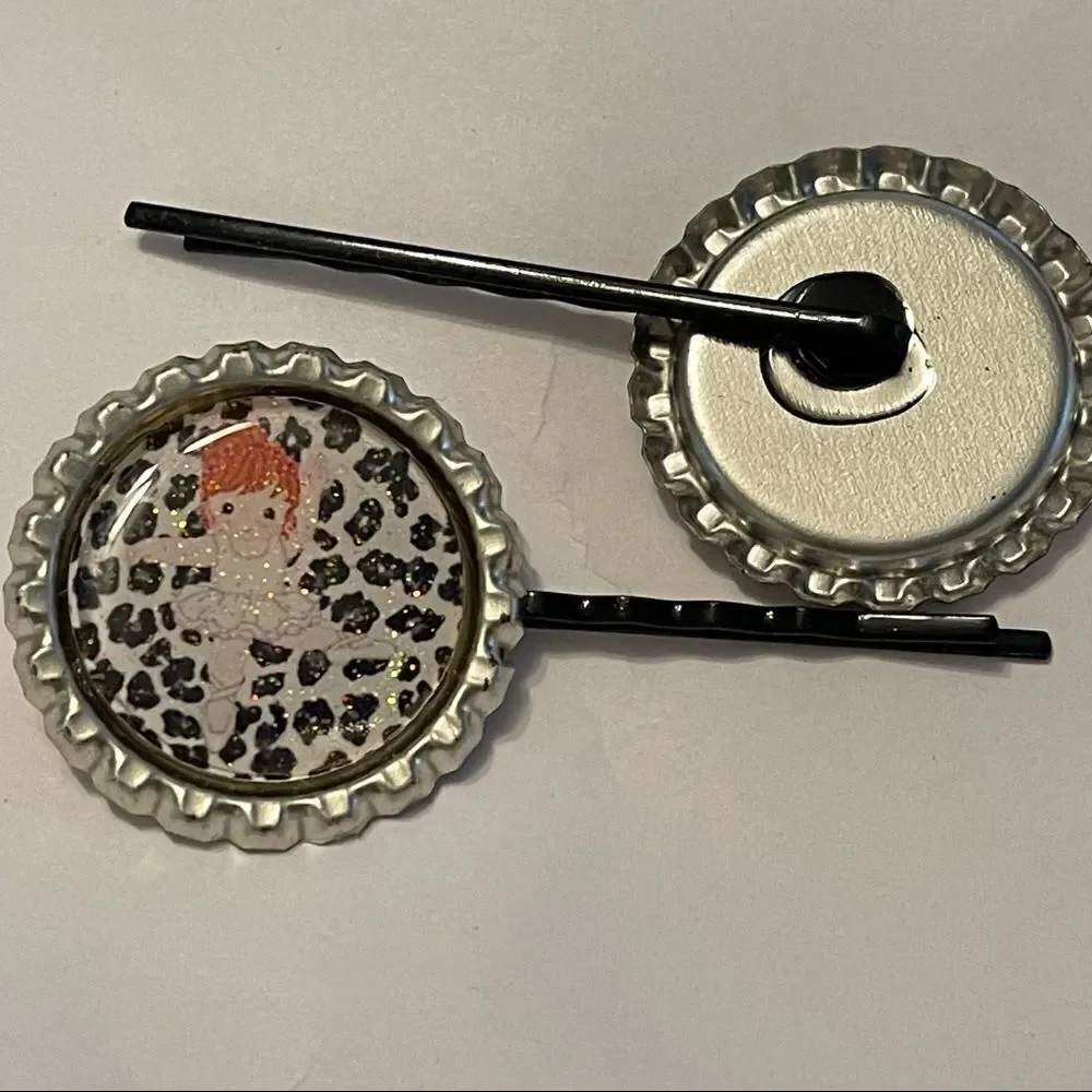 NEW bottle cap Bobbie pin pair red head ballerina ballet leopard print